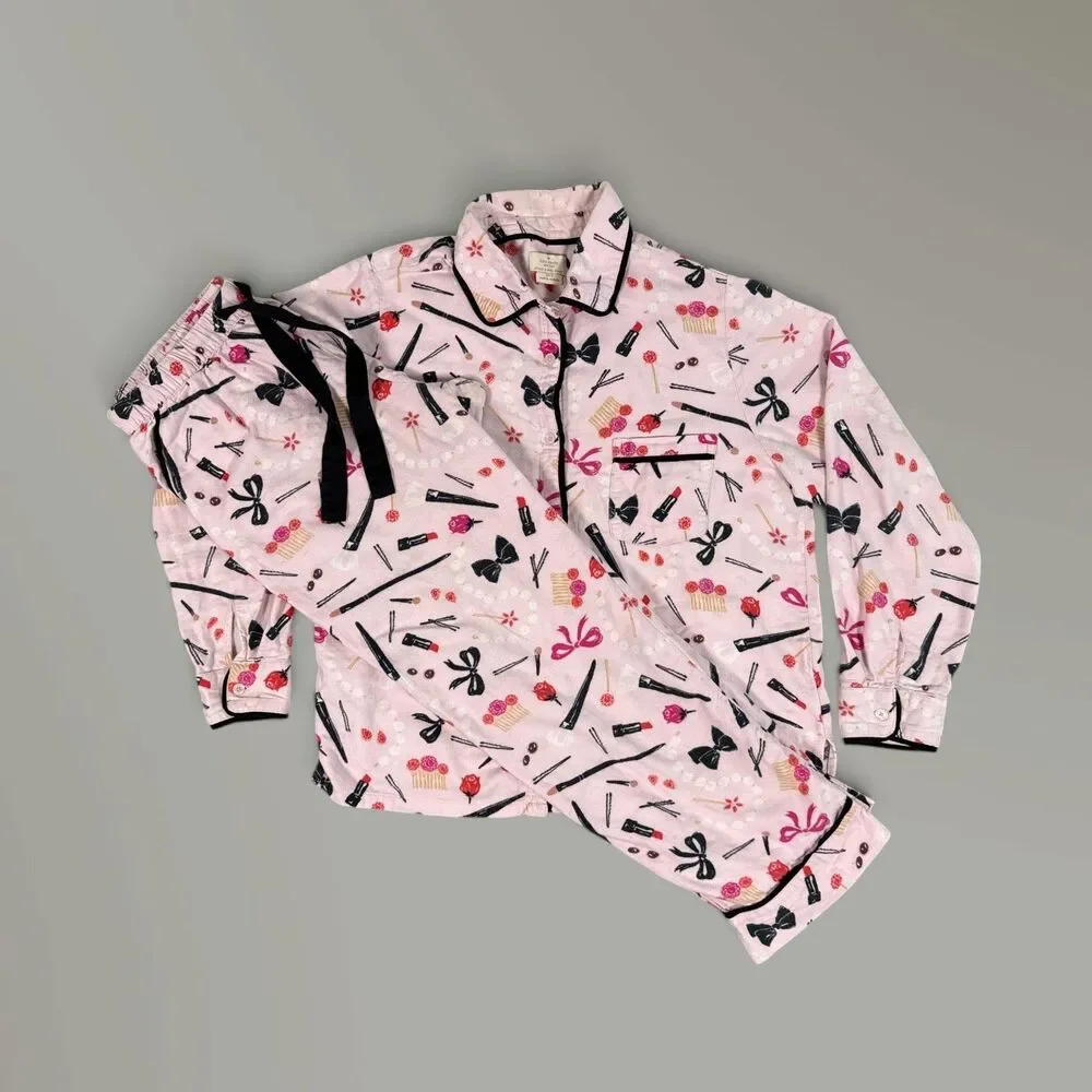 Kate Spade Pink Flannel Pajama Set Makeup Lipstick Bows Sz Med READ DESC.